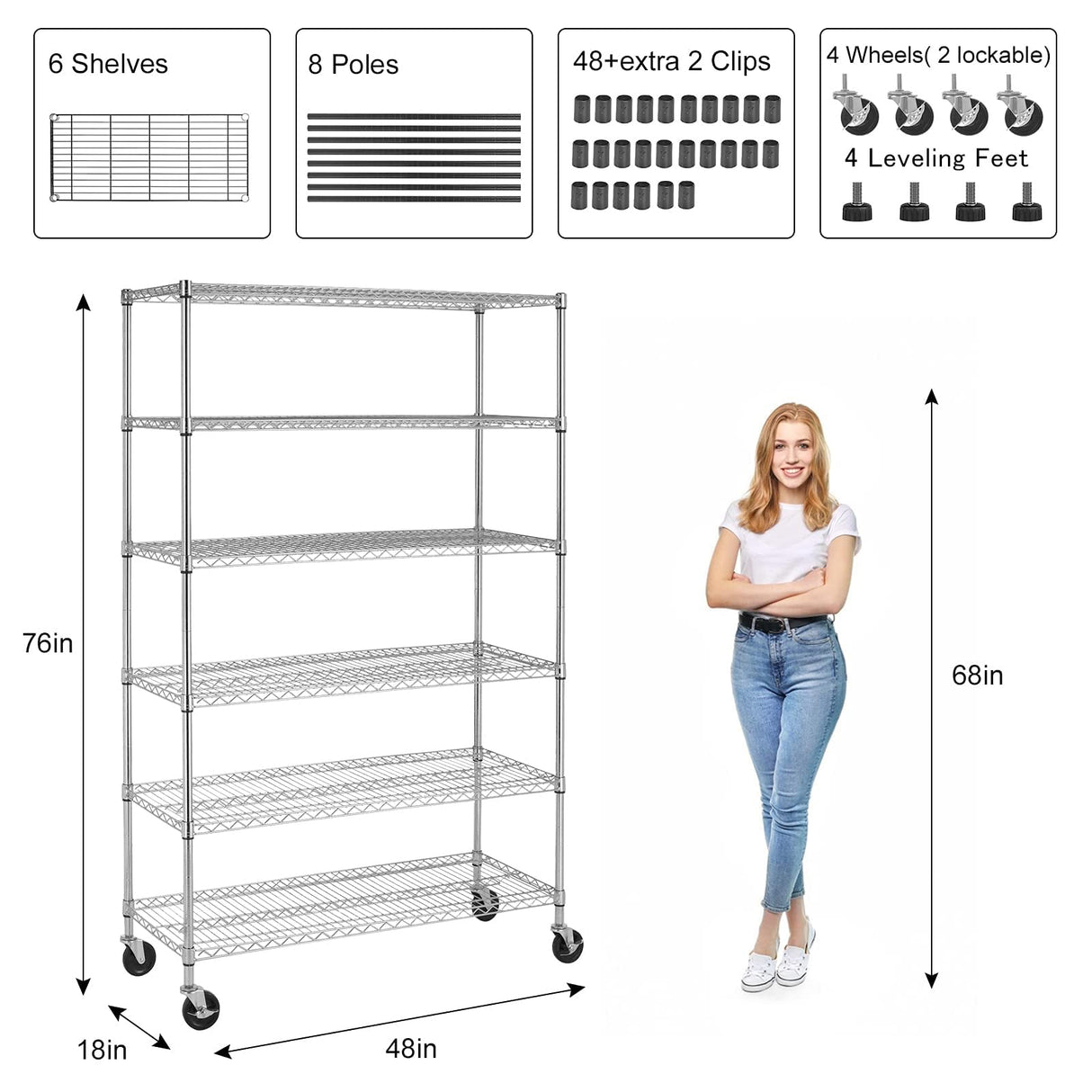 YYkokocat Heavy Duty 6 Tier Shelving Unit Adjustable 6000Lbs Capacity Steel Storage Rack 18" x 48 x 76 Mobile Shelves Wire Shelf Silver Rolling YYkokocat