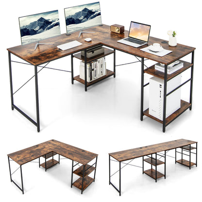 COSTWAY L-Shaped Corner Desk, Convertible Computer Desk with 4-Tier Shelves & 3 Cable Holes, Modern Gaming Writing Workstation, 95 Inch 2-Person Long