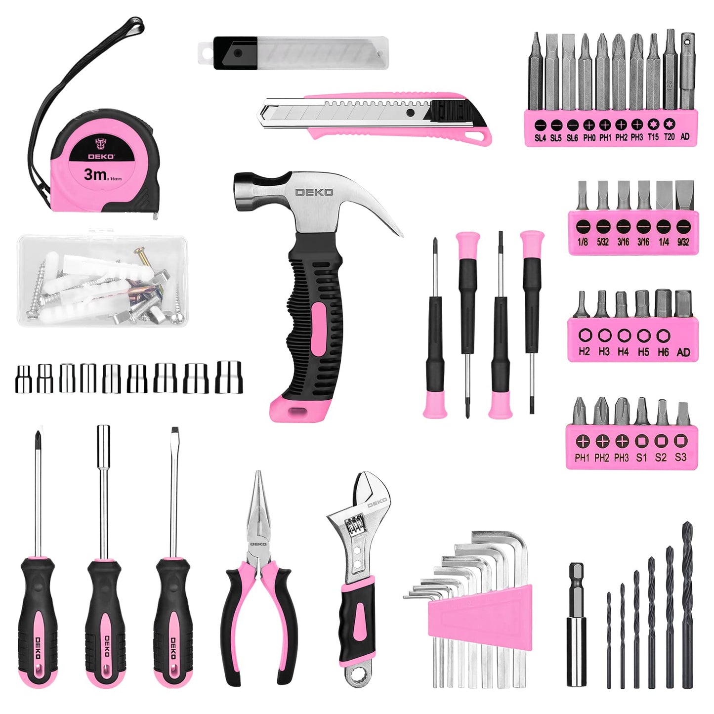 DEKOPRO Drill Set: Tool Set with 8V Pink Cordless Drill, Home Tool Kit with Drill, Hand Tool Kits for Women 126 Piece