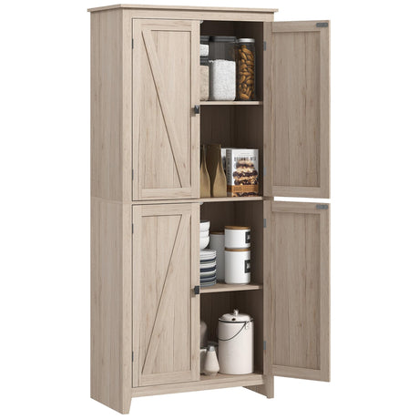 HOMCOM 72" Freestanding 4-Door Kitchen Pantry, Storage Cabinet Organizer with 4-Tiers, and Adjustable Shelves, Natural HOMCOM