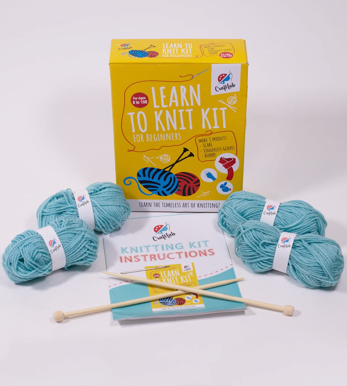 CraftLab Knitting Kit for Beginners, Kids and Adults Includes All Knitting Supplies: Wool Yarn, Knitting Needles, Yarn Needle and Instructions – CraftLab