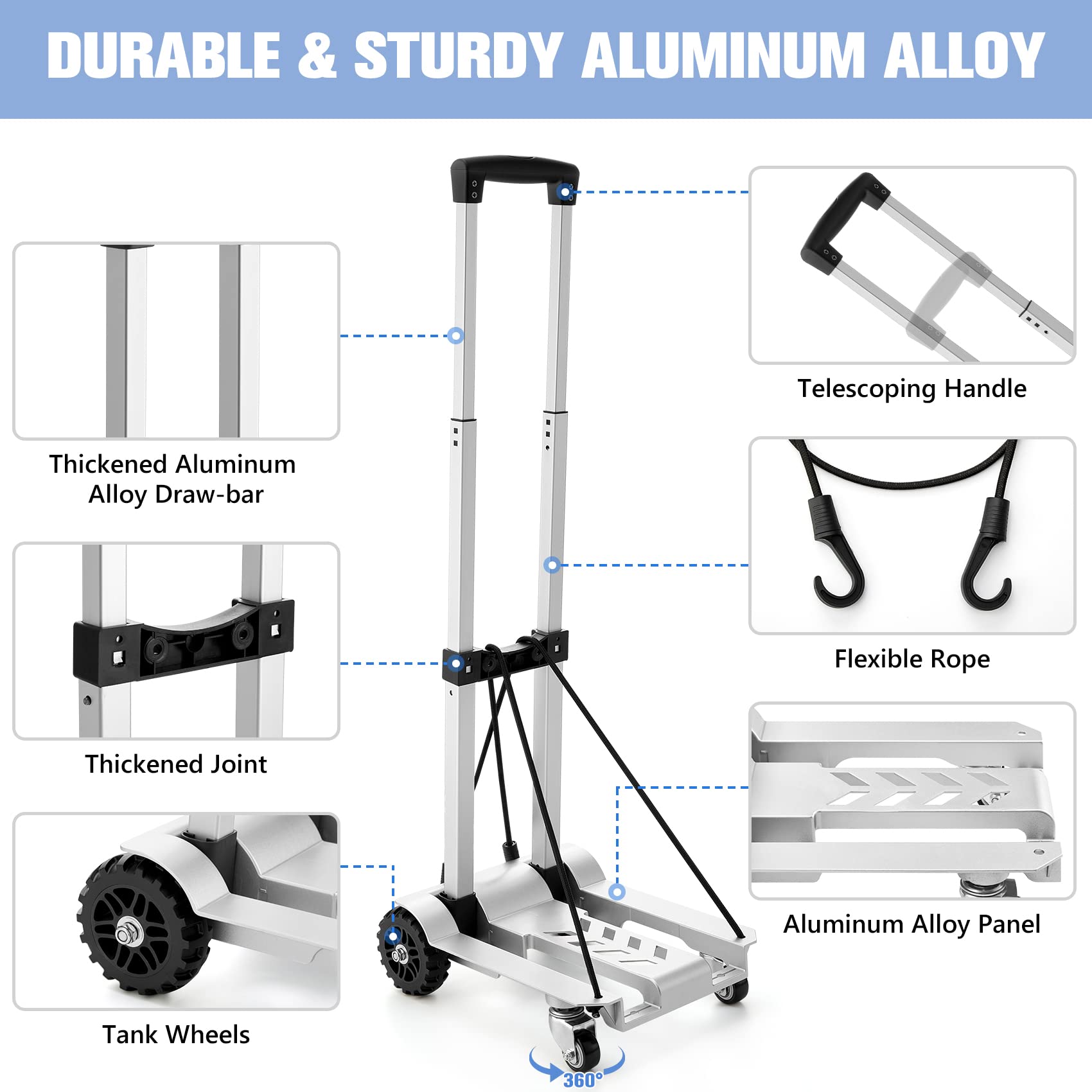 KEDSUM Foldable Aluminum Panel Hand Truck, Portable 270 lbs Lightweight Utility Cart for Travel, Shopping, Office Use - WoodArtSupply