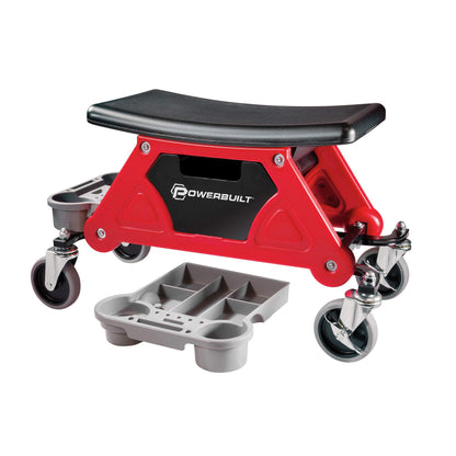 Powerbuilt Heavy Duty Roller Mechanics Seat and Brake Stool with 4-in. Rubber Swivel Casters Roll Over Anything, Big Seating Platform, Slide Out Tool - WoodArtSupply