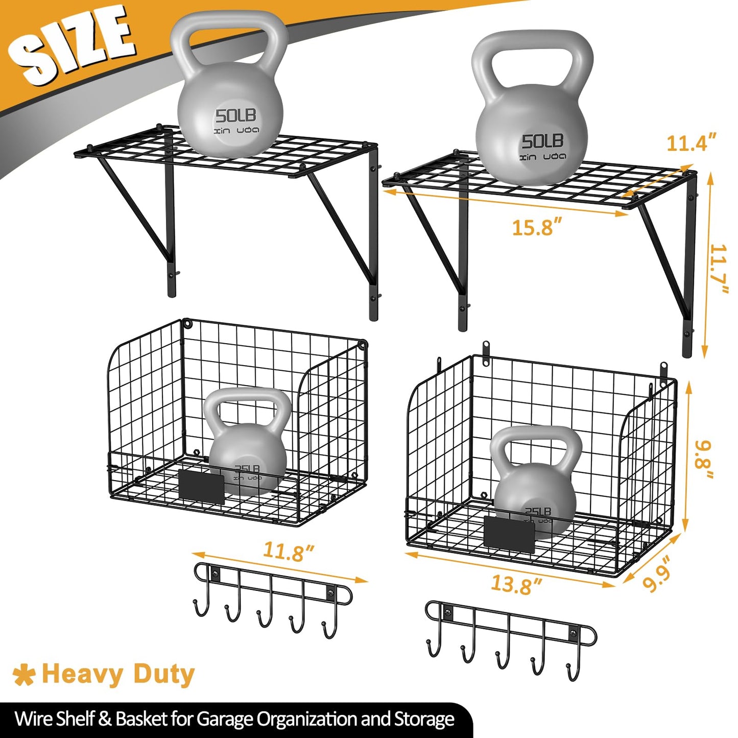 ThreeHio 2 Pack Garage Shelves Wall Mounted with Wire baskets, Heavy Duty Garage Wall Shelving with Hooks, Wire Shelf Baskets Tool Organizer for Home - WoodArtSupply