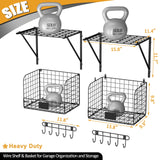 ThreeHio 2 Pack Garage Shelves Wall Mounted with Wire baskets, Heavy Duty Garage Wall Shelving with Hooks, Wire Shelf Baskets Tool Organizer for Home ThreeHio