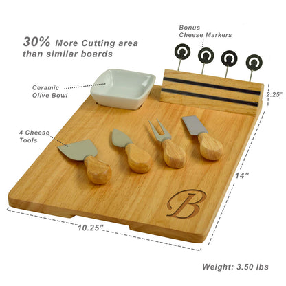 Personalized Monogrammed Laser Engraved Hardwood Board for Cheese & Appetizers - Includes 4 Cheese Knives, Cheese Markers & Ceramic Dish - Designed - WoodArtSupply