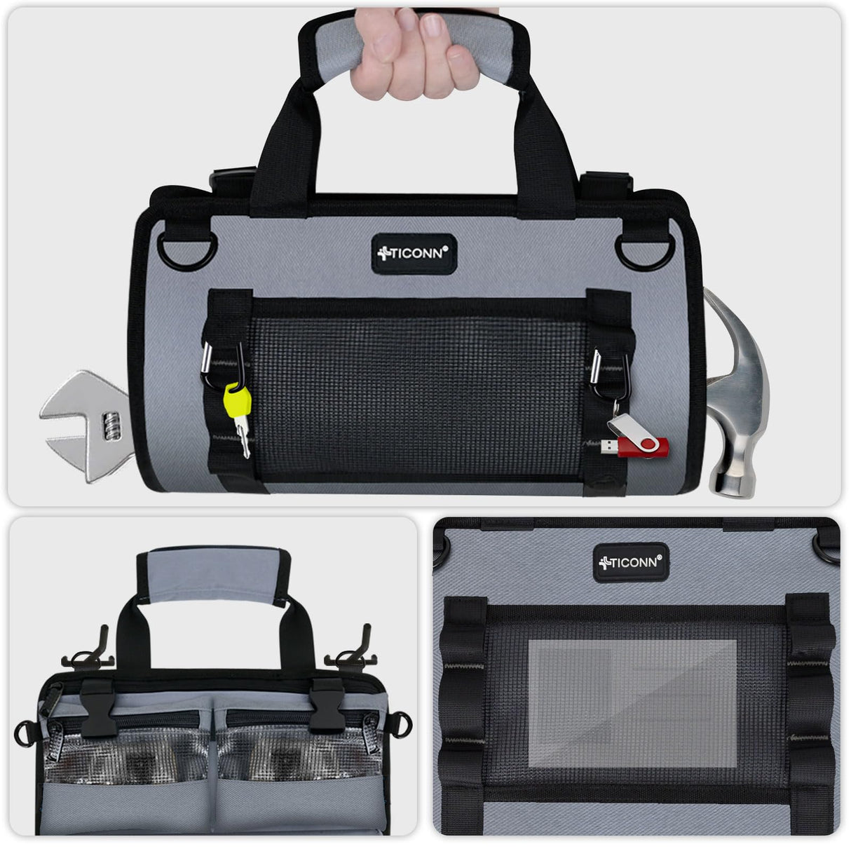 TICONN Tool Roll Bag, Heavy Duty Roll Up Tool Bag Organizer, Portable Visible Tool Storage Bag with 2 Detachable Tool Pouch (Green) TICONN