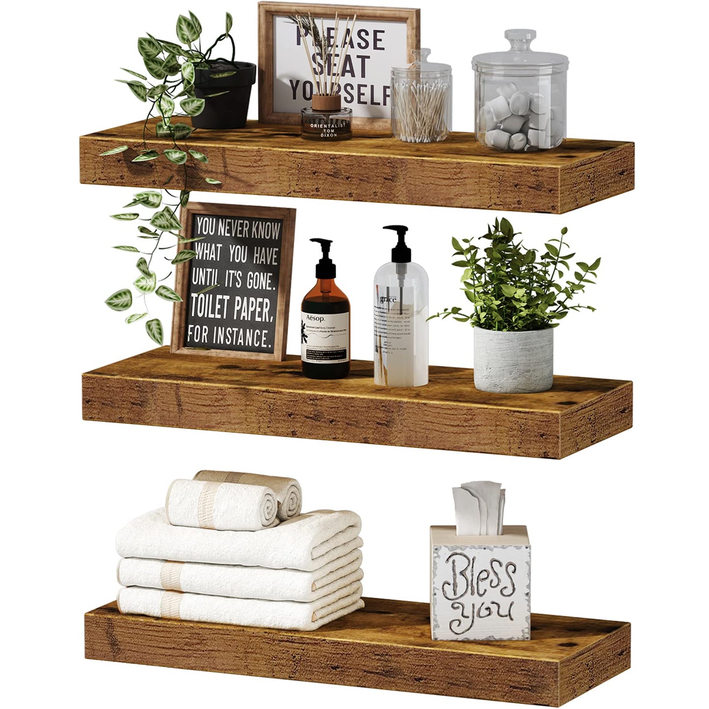 QEEIG Floating Shelves for Wall Bathroom Shelf Bedroom Kitchen Farmhouse Small Book Shelf 16 inch Set of 3, Rustic Brown (015-BN3) - WoodArtSupply