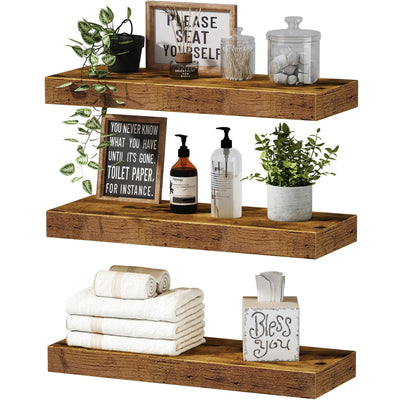 QEEIG Floating Shelves for Wall Bathroom Shelf Bedroom Kitchen Farmhouse Small Book Shelf 16 inch Set of 3, Rustic Brown (015-BN3)