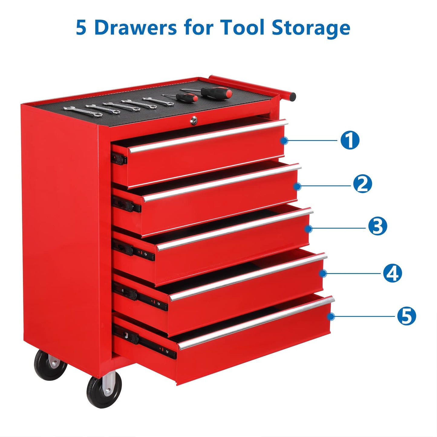 TUFFIOM 5-Drawer Rolling Tool Chest w/Lock & Key, Tool Storage Cabinet with Wheels, Top Cushion & Drawer Liners, Tool Organizer Box for Garage, - WoodArtSupply