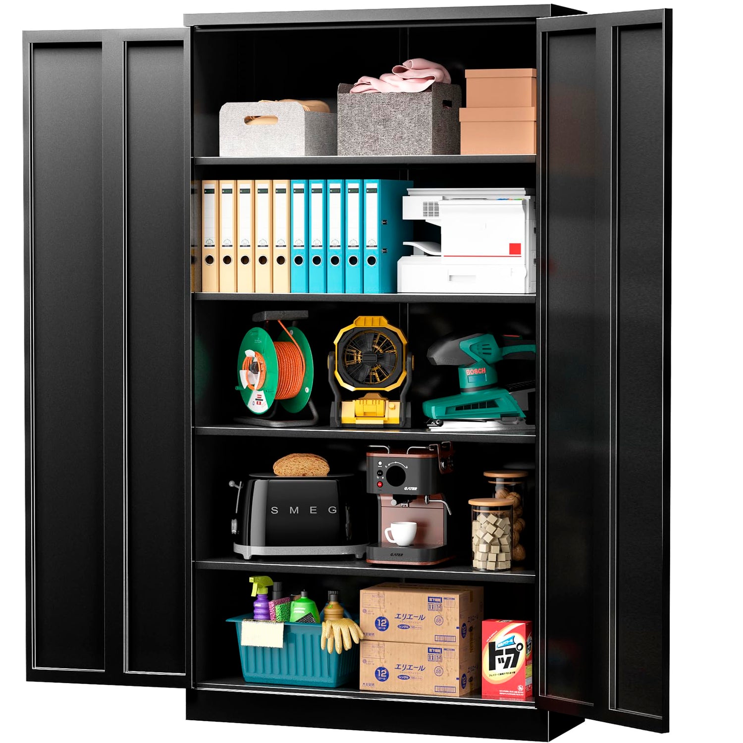 INTERGREAT Metal Garage Storage Cabinet with Lock, 72" H Storage Cabinets with Doors and Adjustable Shelves, Black Lockable Steel Supply Cabinet for INTERGREAT