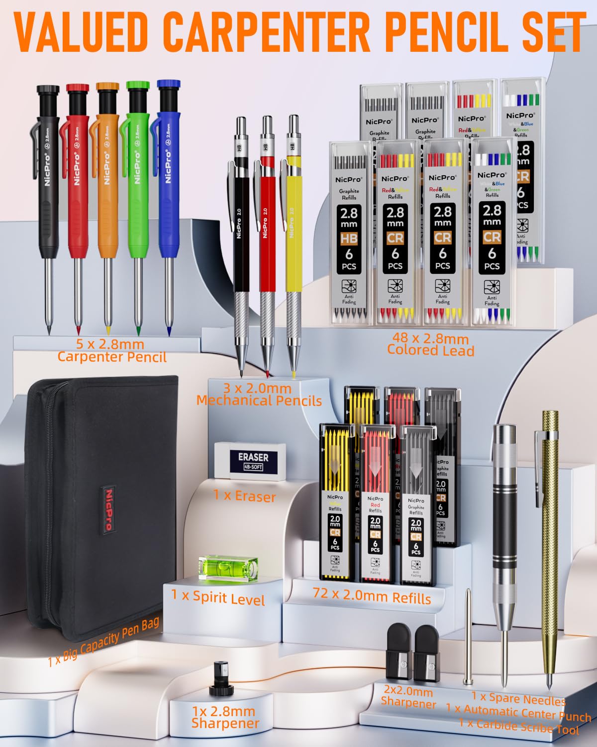 Nicpro 31 Pack Carpenter Pencil Set with Sharpener, Mechanical Carpenter Pencils with 128PCS Refills and Carbide Scribe Tool, Heavy Duty Construction Nicpro