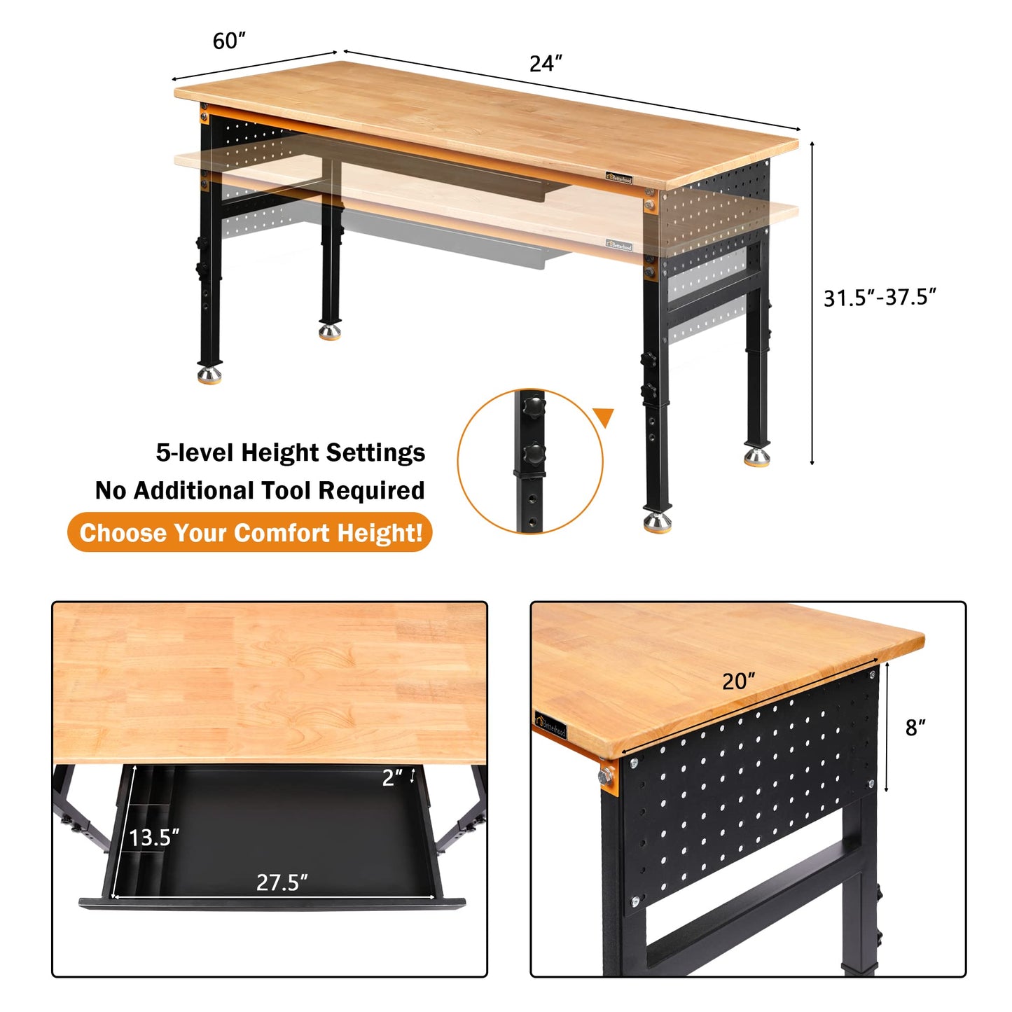 Betterhood 60" Heavy-Duty Adjustable Workbench for Garage, Rubber Wood Shop Table W/Double Pegboards & Drawer,Hardwood Workstation Weight Capacity - WoodArtSupply