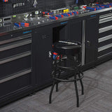 WORKPRO W112003 Garage Shop Stool, Heavy-Duty Steel Construction Garage Stool, Swivel Cushion Seat, Black Powder Coated Legs & Footrest (Single Pack) WORKPRO