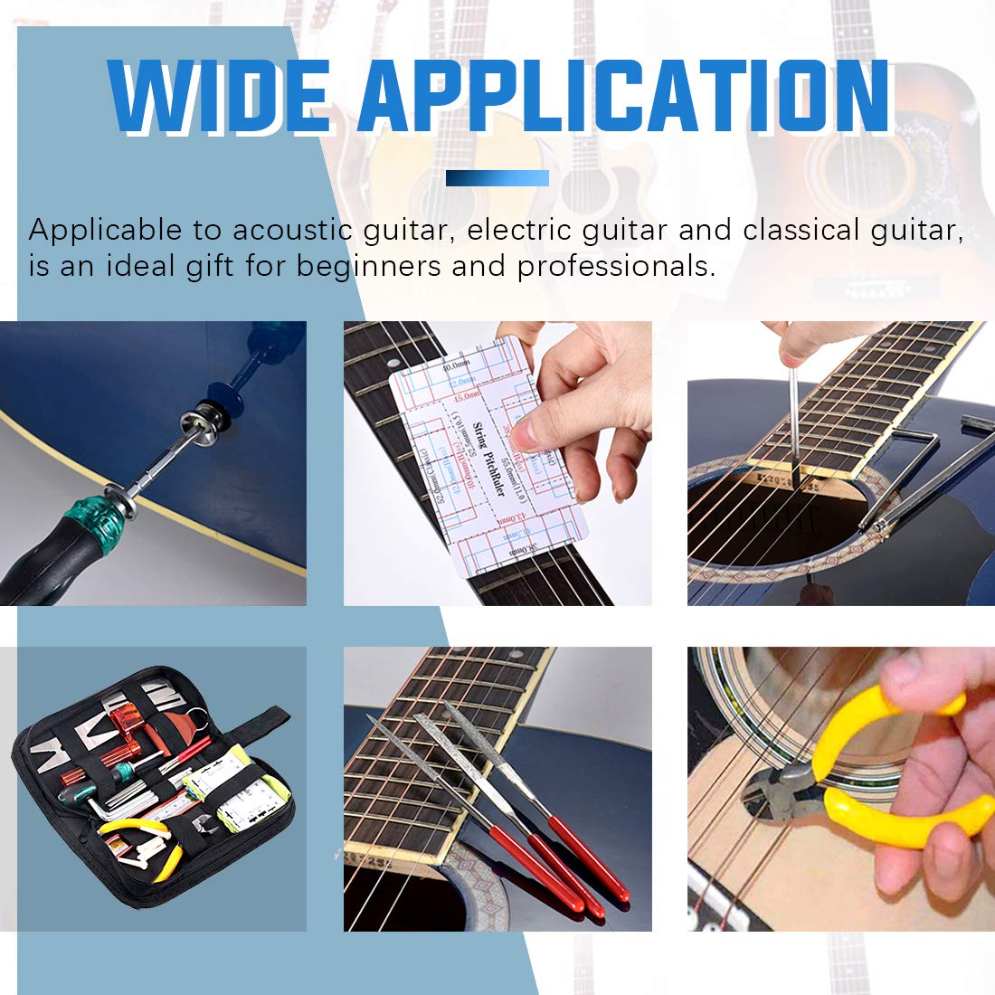 Glarks 28Pcs Guitar Maintenance and Repair Kit Including Fingerboard Protector, Hex Wrenches, Files, String Ruler Action Ruler, Spanner Wrench, Glarks