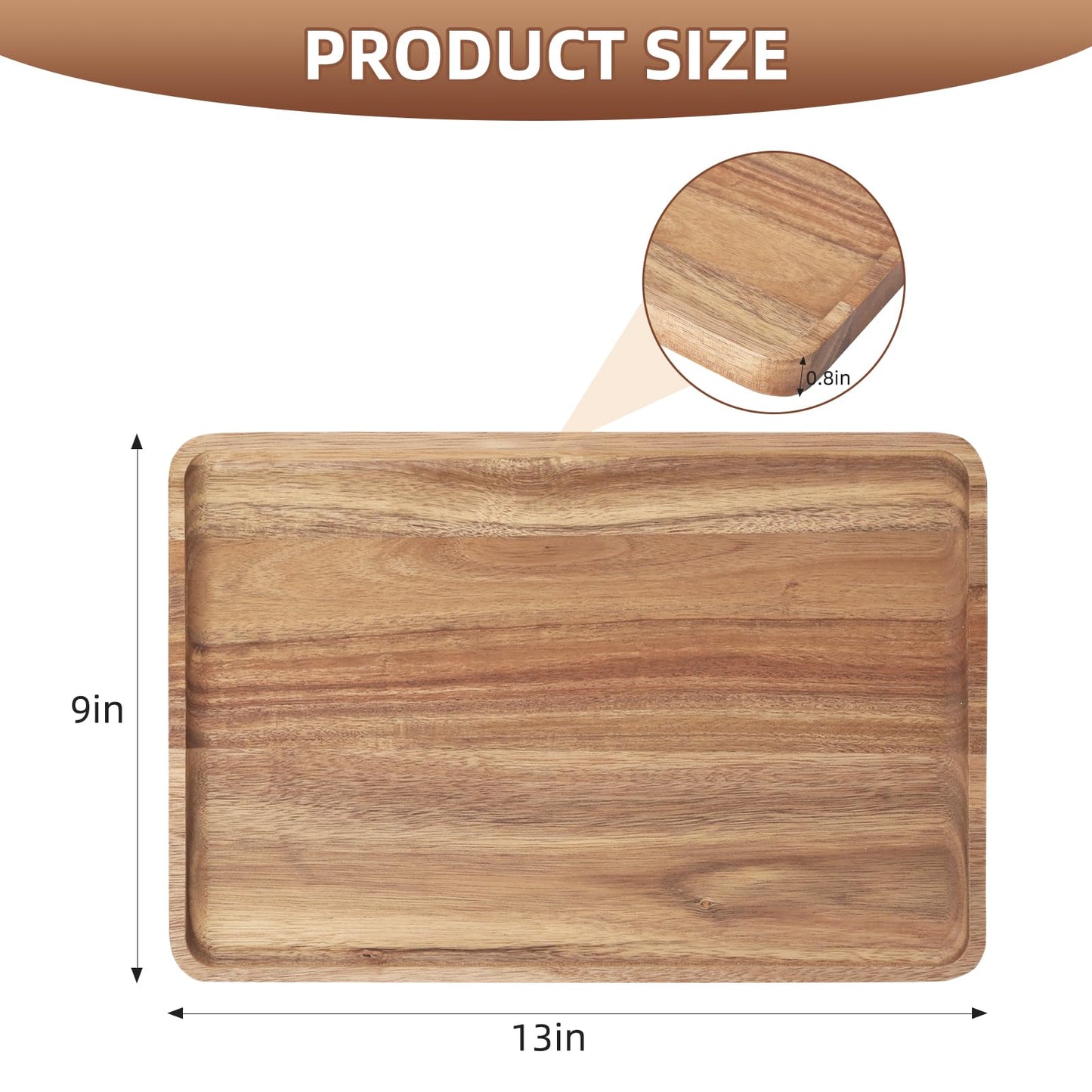2 PCS Solid Acacia Wood Serving Trays Rectangular Wooden Serving Platters Natural Wooden Boards for Bar Coffee Party 13 * 9 inch （Wood Log Color）