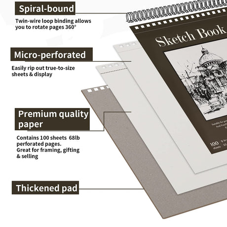 9 x 12 inches Sketch Book, Top Spiral Bound Sketch Pad, 1 Pack 100-Sheets (68lb/100gsm), Acid Free Art Sketchbook Artistic Drawing Painting Writing Fuxi