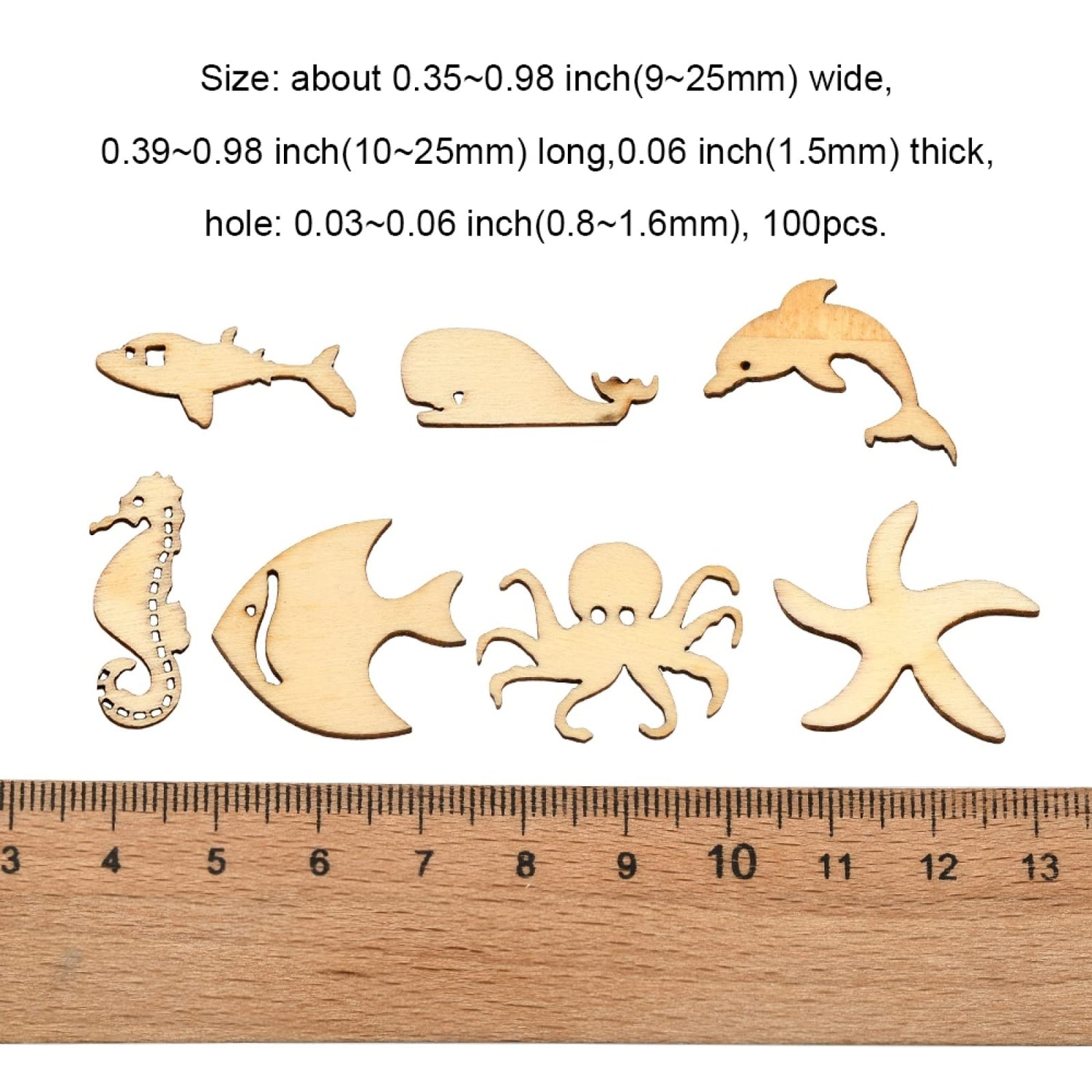 Stiesy 100 Pcs Assorted Sea Animal Theme Wood Cabochons Shark Agarfish Dolphin Seahorse Octopus Clownfish Unfinished Wooden Cutouts Slice Pieces Stiesy