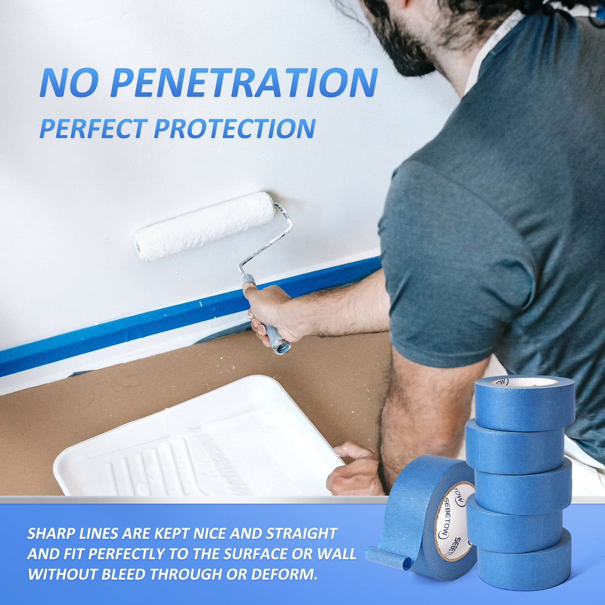 SEBETOW 10 Rolls Painters Tape 2 inch Bulk Painter Tape Blue Wide Roll, Blue Masking Tape, 2 Inches x 55 Yards for General Purpose Wall Painting, SEBETOW
