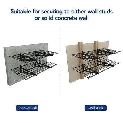 FLEXIMOUNTS 2 tier 2-Pack 2x4ft 24-inch-by-48-inch Wall Shelf Garage Storage Rack Wall Mounted Floating Shelves, Black - WoodArtSupply