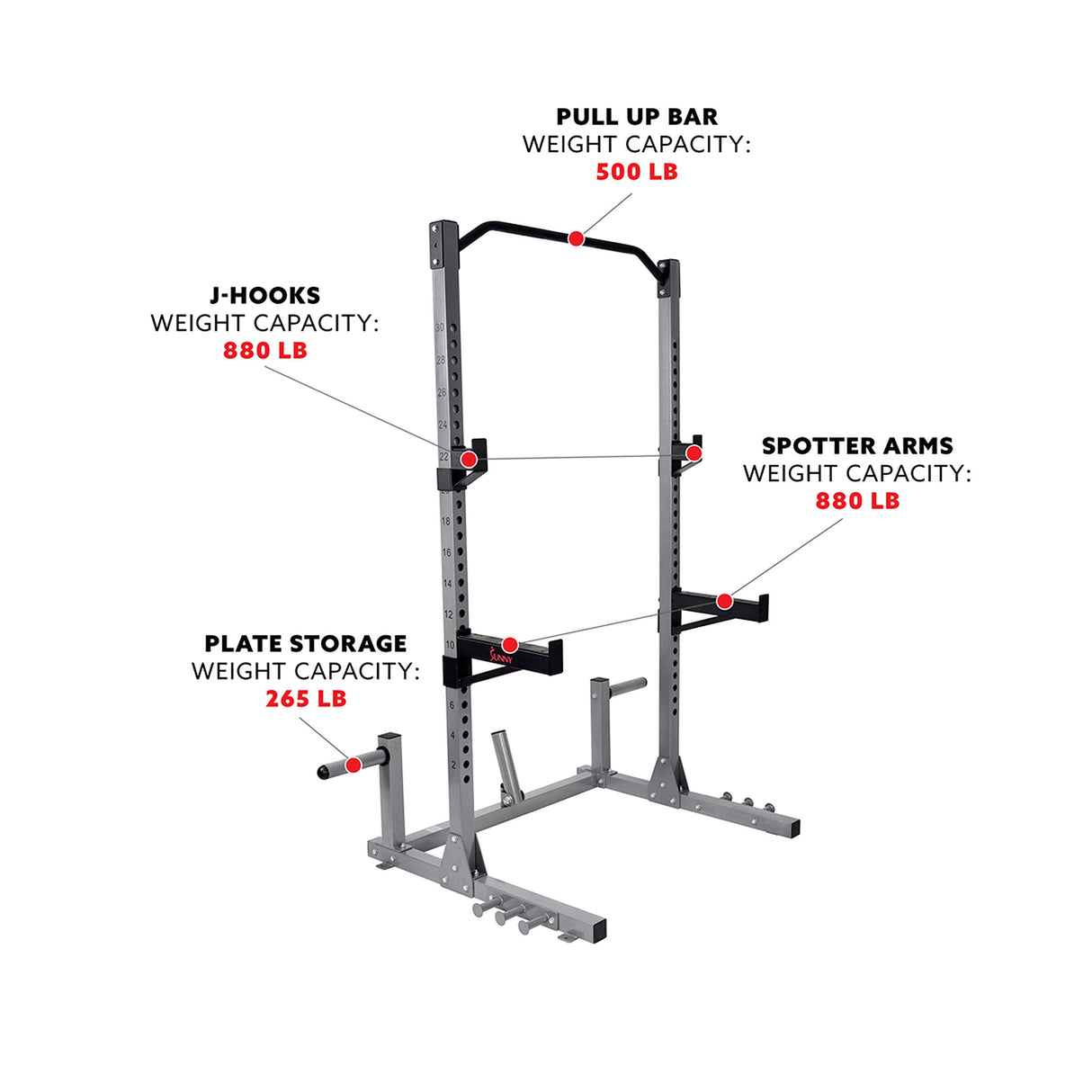 Sunny Health & Fitness Power and Squat Rack with High Weight Capacity, Olympic Weight Plate Storage and 360° Swivel Landmine and Power Band Sunny Health & Fitness