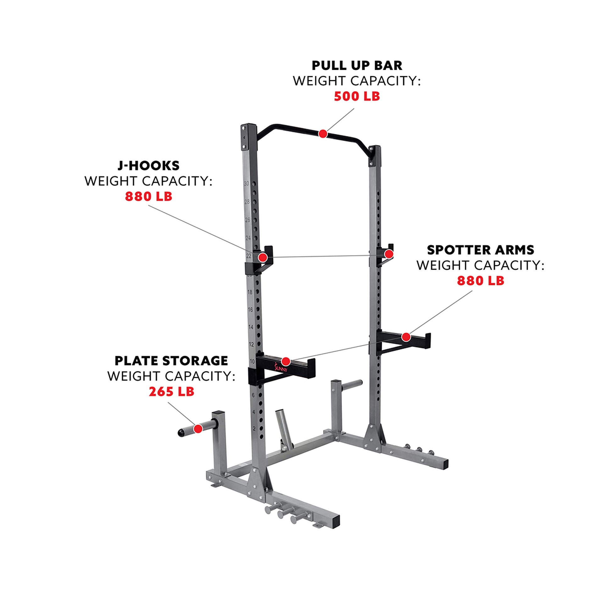 Sunny Health & Fitness Power and Squat Rack with High Weight Capacity, Olympic Weight Plate Storage and 360° Swivel Landmine and Power Band - WoodArtSupply