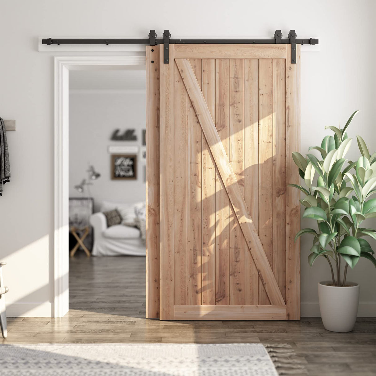 SMARTSTANDARD 7.5 Feet Bypass Sliding Barn Door Hardware Kit - for Double Wooden Doors-Single Track - Smoothly & Quietly - Easy to Install-Fit 78" SMARTSTANDARD