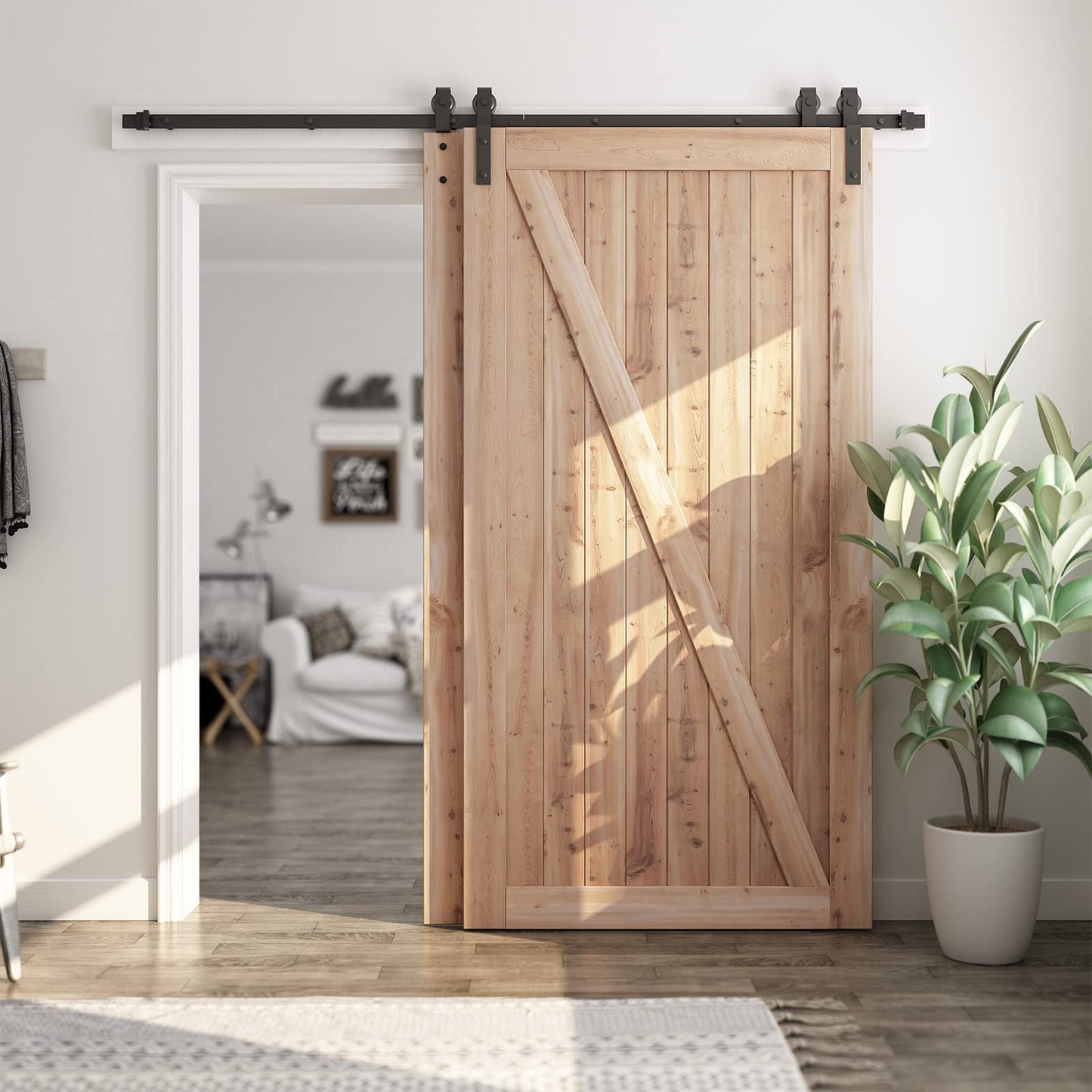 SMARTSTANDARD 7.5 Feet Bypass Sliding Barn Door Hardware Kit - for Double Wooden Doors-Single Track - Smoothly & Quietly - Easy to Install-Fit 78" - WoodArtSupply