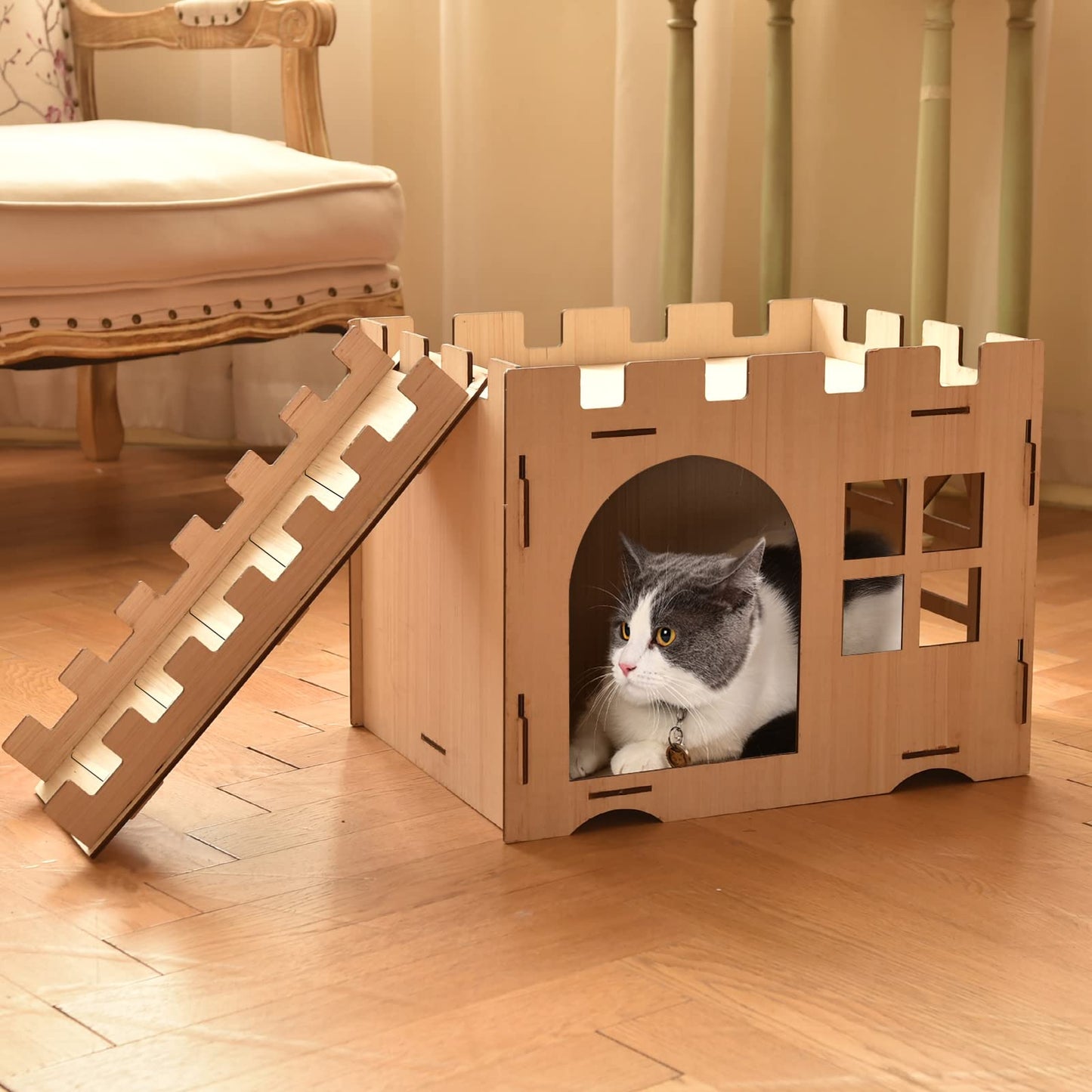 Extra Large Wooden Rabbit Castle with Ladder - Wood Cat Beds for Indoor Cats, Rabbit Hideout Bunny House Luxurious Small Animal Rest and Play House - WoodArtSupply