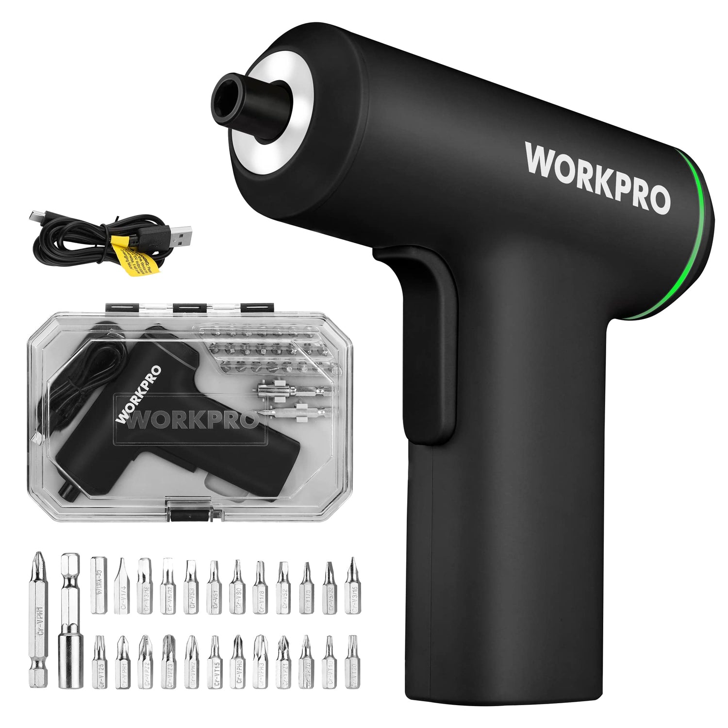 WORKPRO Electric Cordless Screwdriver Set, 4V USB Rechargeable Lithium-ion Battery Power Screwdriver Kit with LED Light, Screw Gun with 28pcs WORKPRO