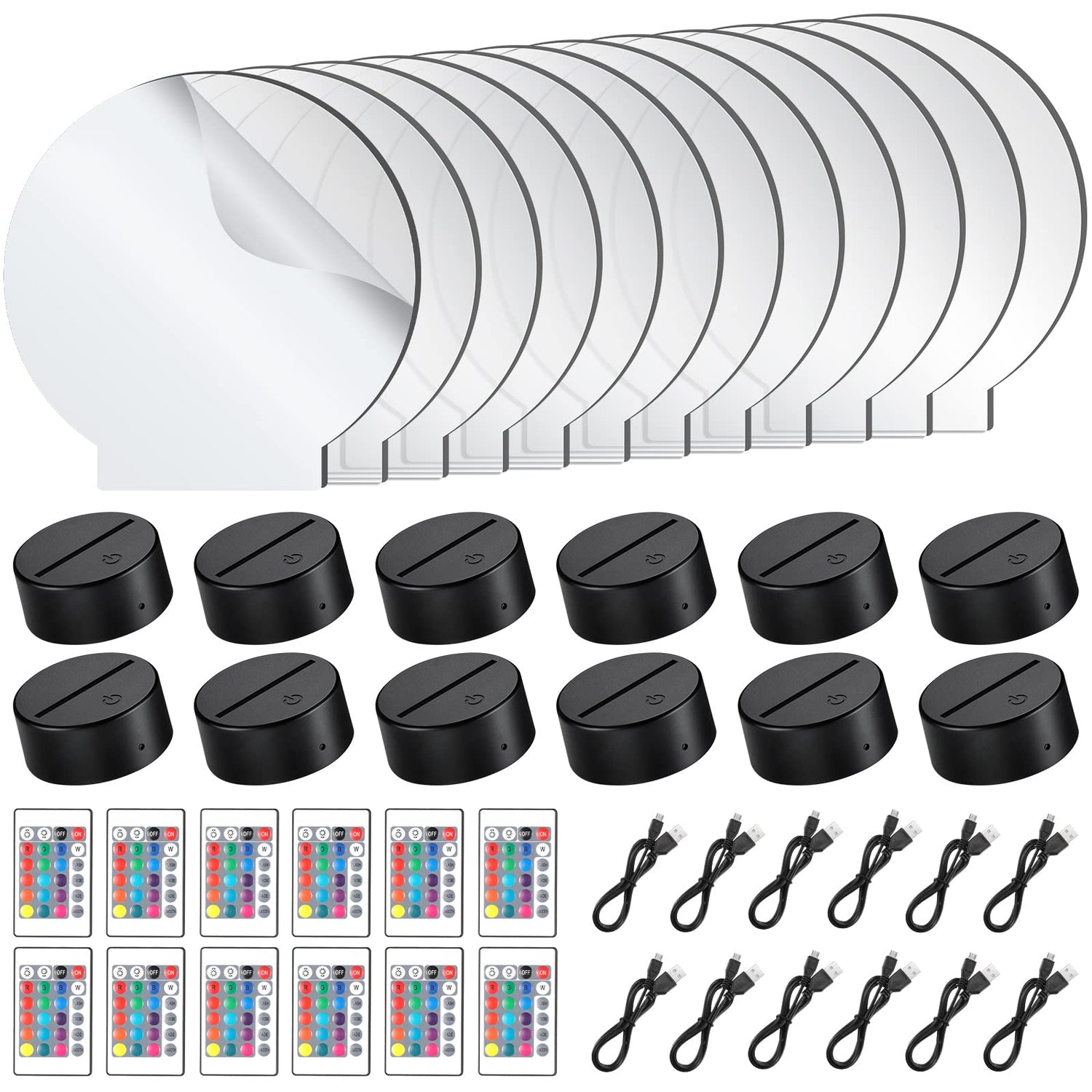 12 Pieces Clear Acrylic Sheets and 12 Pieces 3D Night LED Light Lamp Base with Remote Control and USB Cable, DIY Acrylic Lamp Base Set for Restaurant Riakrum