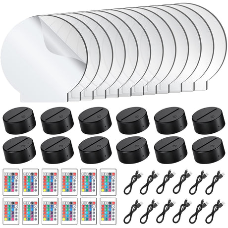 12 Pieces Clear Acrylic Sheets and 12 Pieces 3D Night LED Light Lamp Base with Remote Control and USB Cable, DIY Acrylic Lamp Base Set for Restaurant Riakrum
