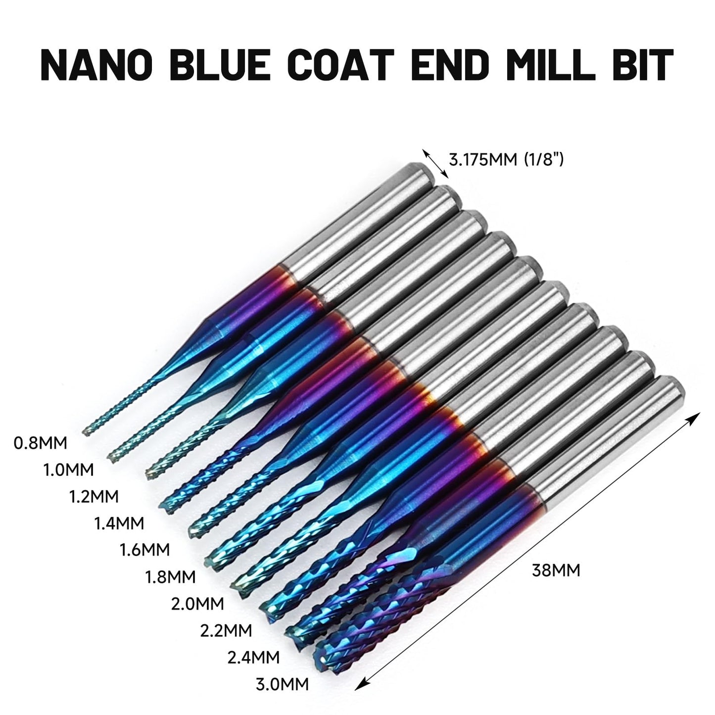 40pcs End Mills CNC Router Bits, 1/8 inch(3.175mm) Shank CNC Milling Carving Bit Set Including 2-Flute Flat & Ball Nose Spiral Bits, Nano Blue Coat &