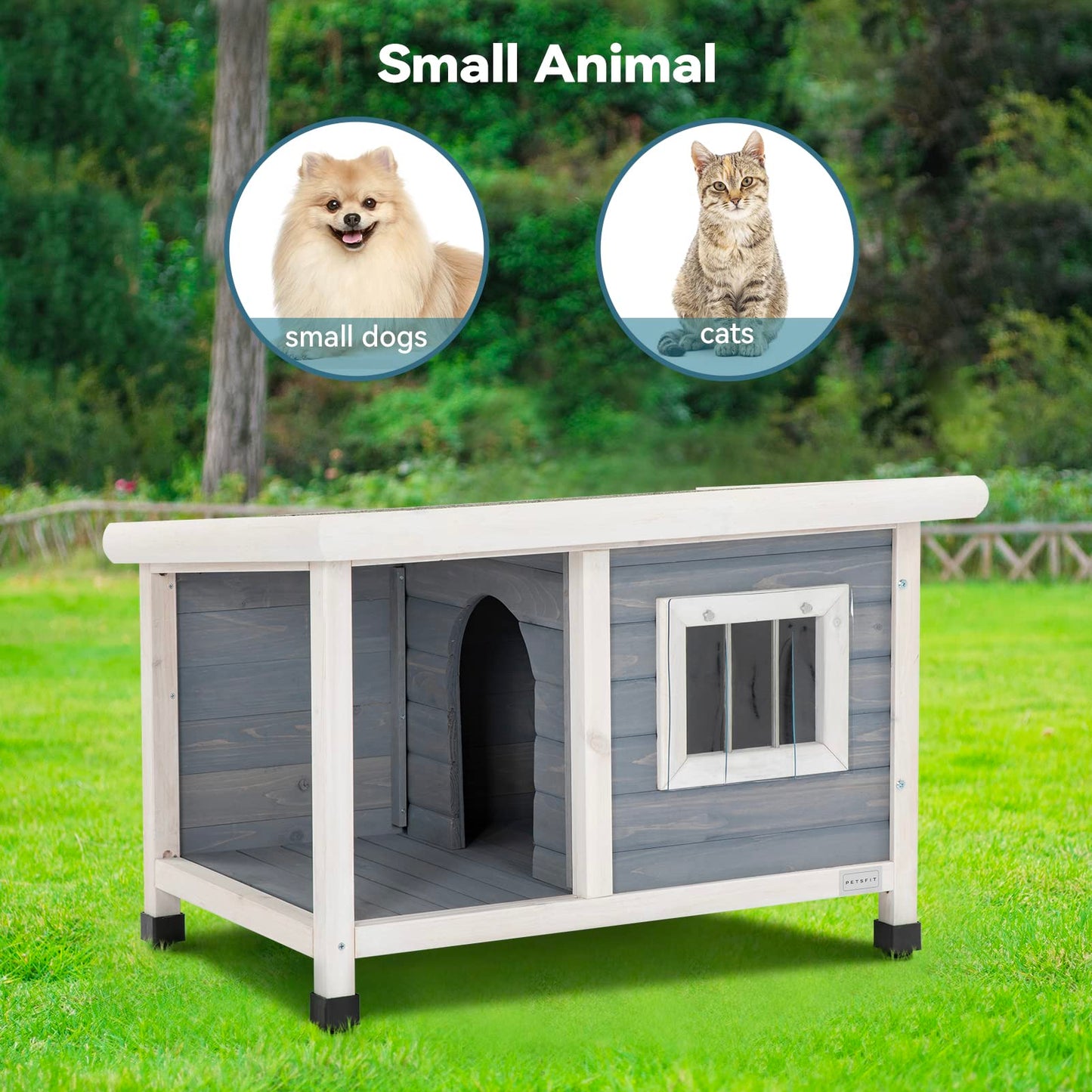 Petsfit Outdoor Wooden Dog House for Small Dogs, Light Grey, Small/33.6" L x 24.7" W x 23" H