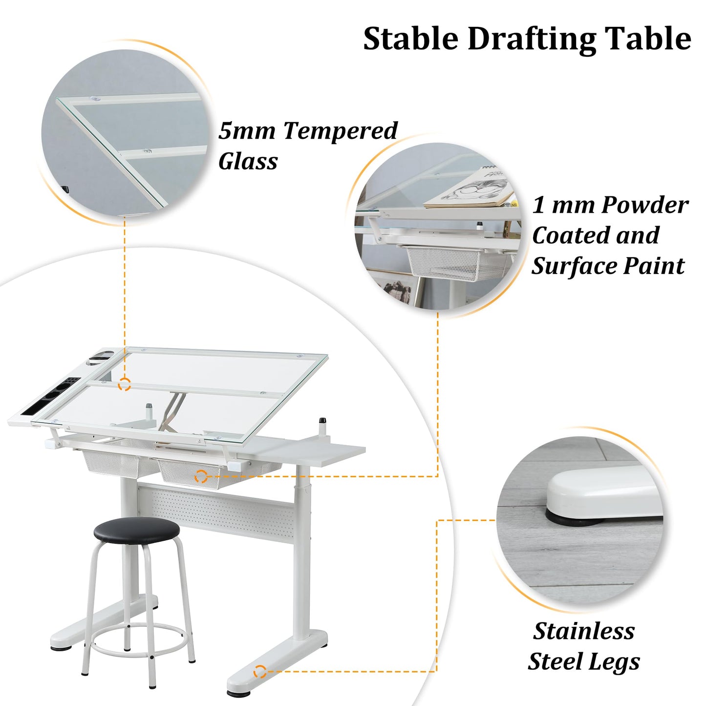 Olela Drafting Desk, Height Adjustable Drafting Table Versatile Art Craft Artists Paintings Storage Work Station with Tilting Temped Glasses Tabletop - WoodArtSupply