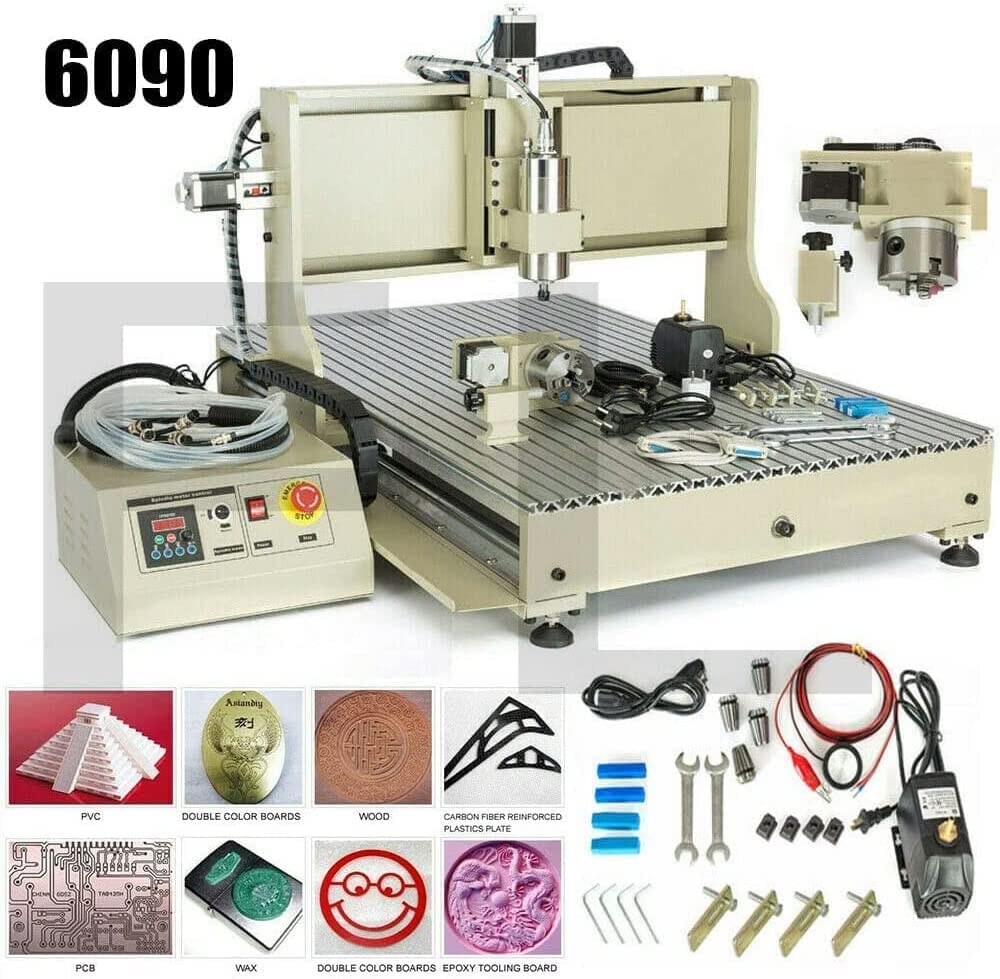 USB 4 Axis CNC 6090 Router Kit MACH Control + 2.2 KW VFD Water-Cooling Spindle Motor Plastic Acrylic PCB PVC Wood Carving Drilling 3D Milling TTONSUE