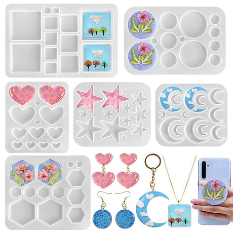 RESINWORLD Multi-Functional Small Silicone Molds Set for Resin, Earrings Resin Molds, Hexagon Round Crescent Moon Pentagram Heart Molds for Keychain ResinWorld