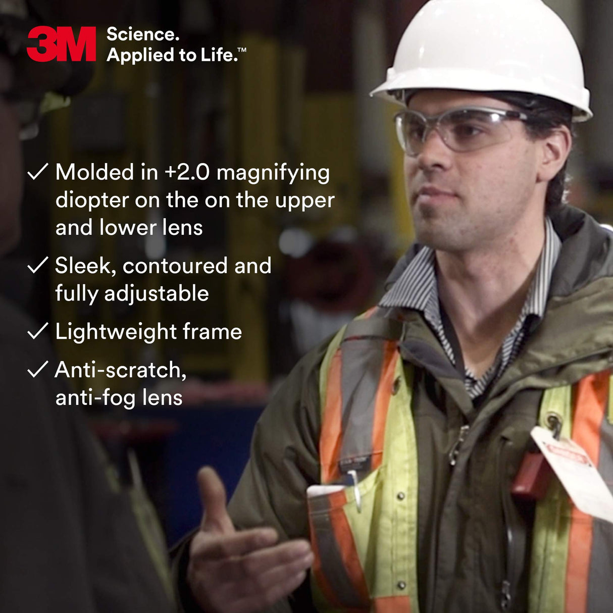 3M Safety Glasses, BX Dual Readers, +2.0, ANSI Z87, Anti-Fog Clear Lens, Silver/Black Frame, Adjustable Length Temples and Lens Angle 3M