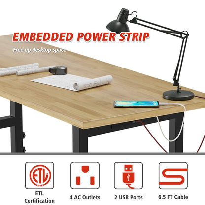 60" Adjustable Workbench with Power Outlets, Rubber Wood Top Heavy-Duty Work Table, 2000 LBS Load Capacity Hardwood Workbench with 4 Lockable Wheels - WoodArtSupply