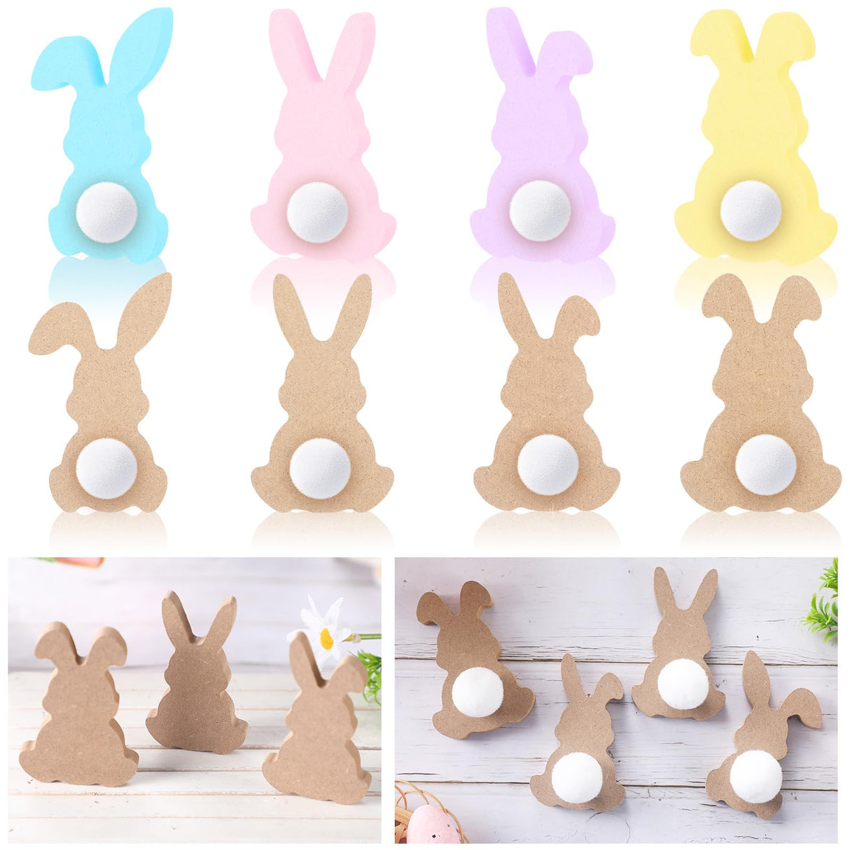 Menkxi 22 Pcs Easter Unfinished Wood Bunny Cutouts Bunny Table Wooden Signs Rabbit Blank Wooden Bunnies for Crafts with 22 White Felt Balls Pom Pom Menkxi