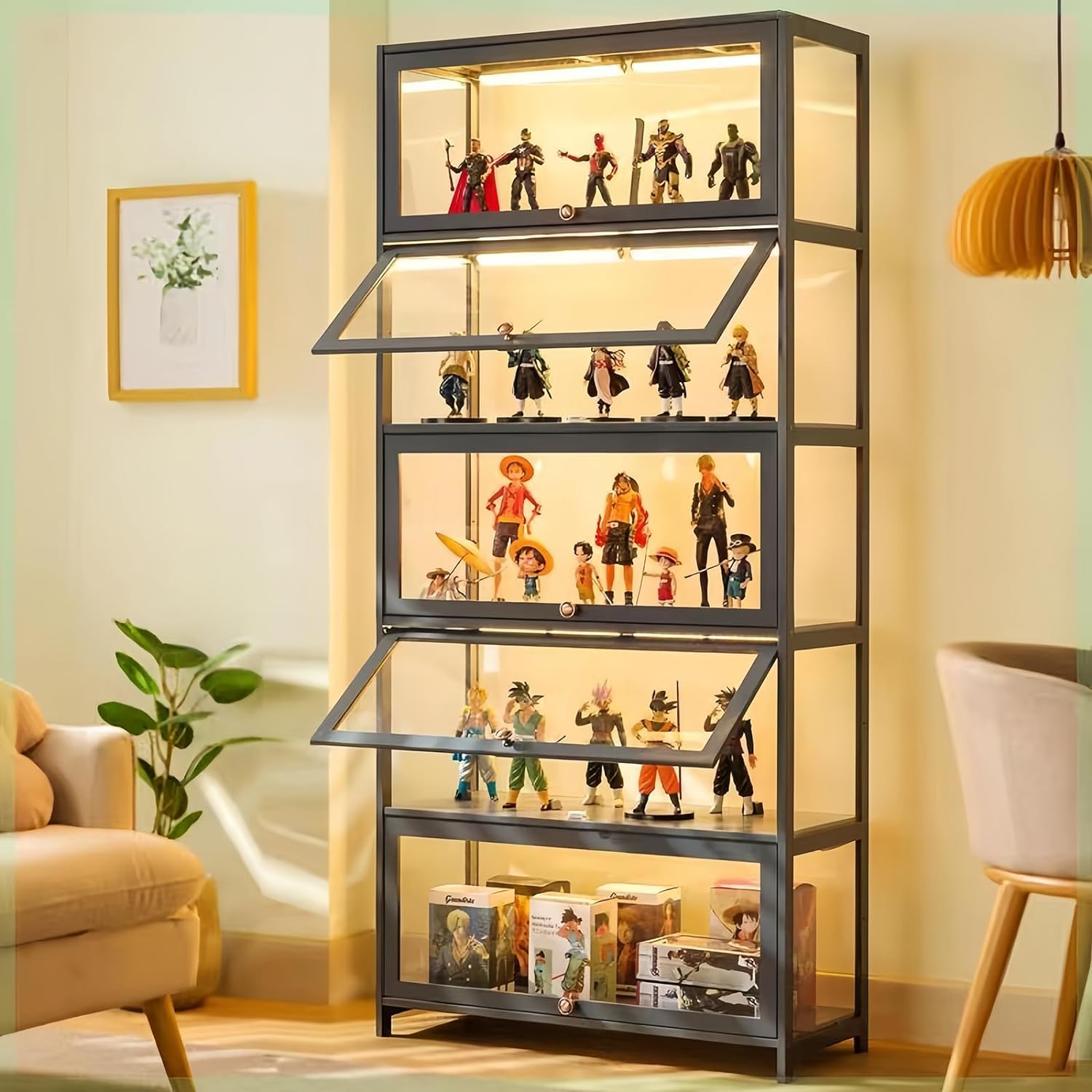 BYSIECD 5-Tier Acrylic Display Cabinet with Bamboo Frame for Organising Collectibles and More BYSIECD