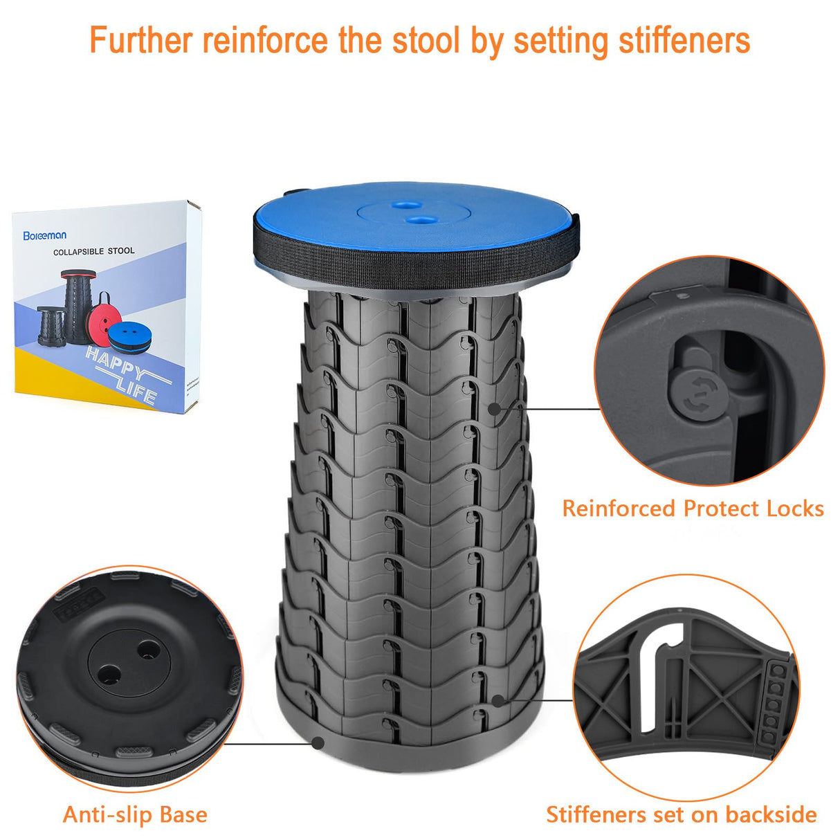 Boreeman Upgraded Folding Stool Lightweight Yet More Sturdy with Load Capacity 400lbs Portable Collapsible Stool Retractable Stool for Camping Boreeman