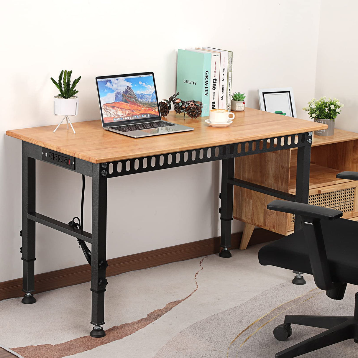 OLBRUS 48 "Adjustable Workbench with Power Outlet, Heavy Duty 2000 LBS Load Capacity Hardwood Workbench Suitable for Workshop, Office, Garage, Home OLBRUS