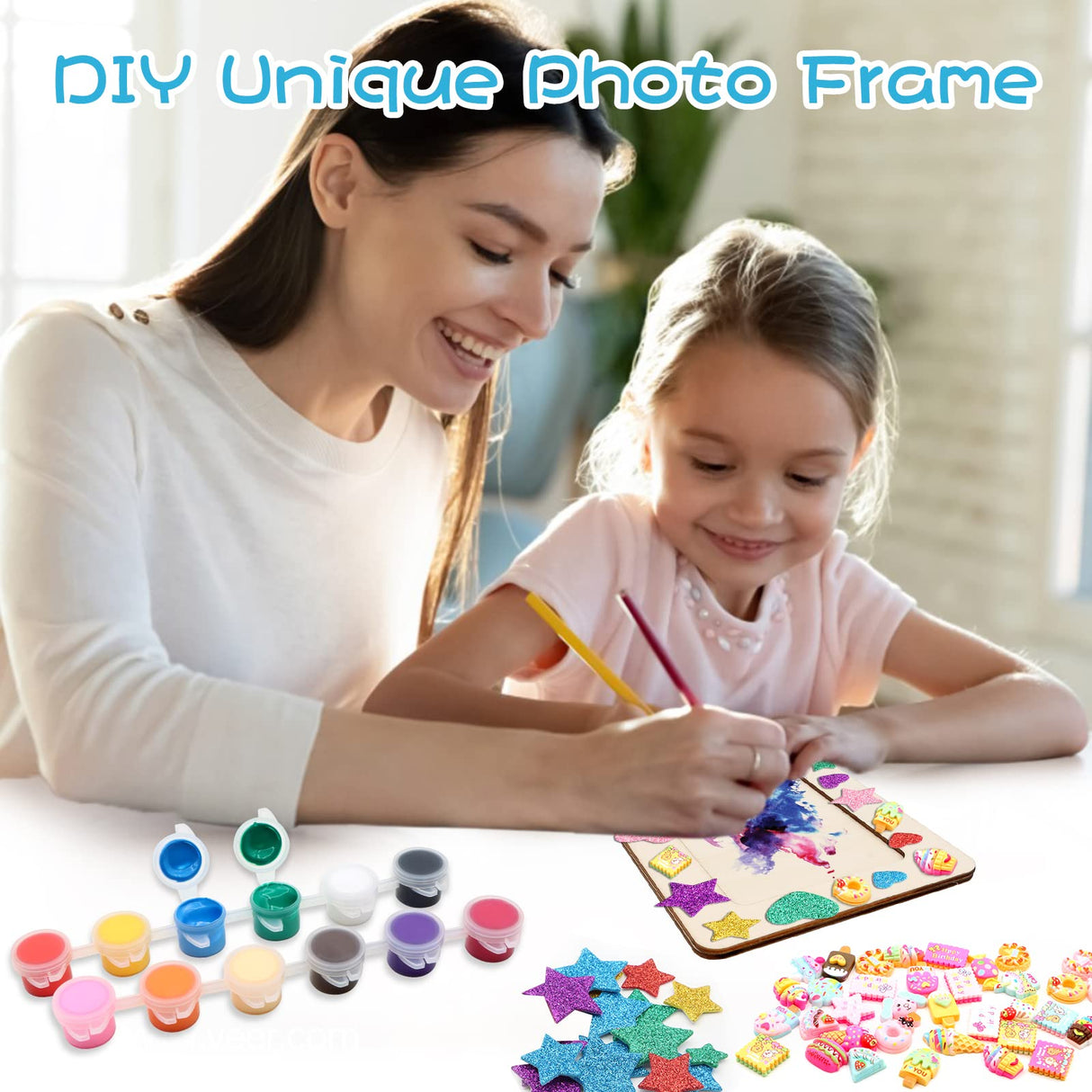 6 Pack Picture Frame Painting Craft Kit, ZYNERY 7.5 x 5.5 inch DIY Unfinished Wooden Photo Frames with Painting Tools Set, Hearts Stars Eva Sticke, ZYNERY