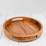 Samhita Round Serving Acacia Wooden Tray with Handles for Serving Beverages & Food on Bar Living Room Home Dining Table (12" x 12" x 1.6") Samhita