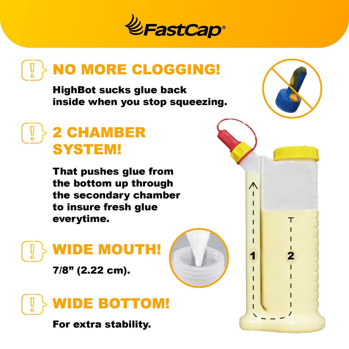 FastCap 6oz Glue Bottle, with 2-Chamber No-Drip System. Each Bottle Comes with 2 Replaceable Tips. FastCap