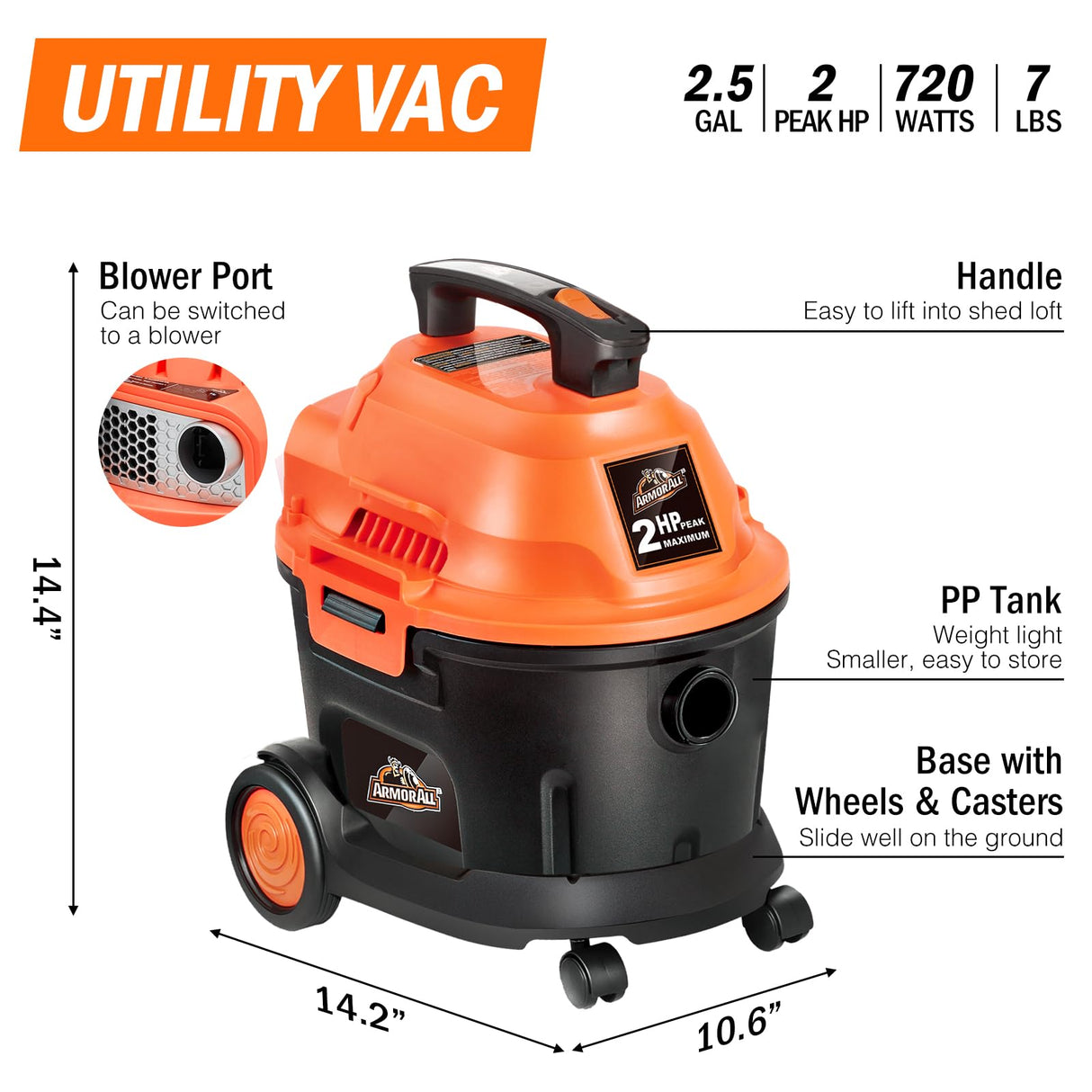 Armor All AA255W 2.5 Gallon 2 Peak HP Utility Wet/Dry Car and Shop Vac, 2.5-Gallon, Orange Armor All