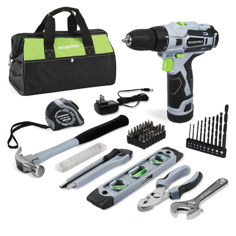 WORKPRO 12V Cordless Drill Driver and Home Tool Kit, Hand Tool Set for DIY, Home Maintenance, 14-inch Storage Bag Included WORKPRO
