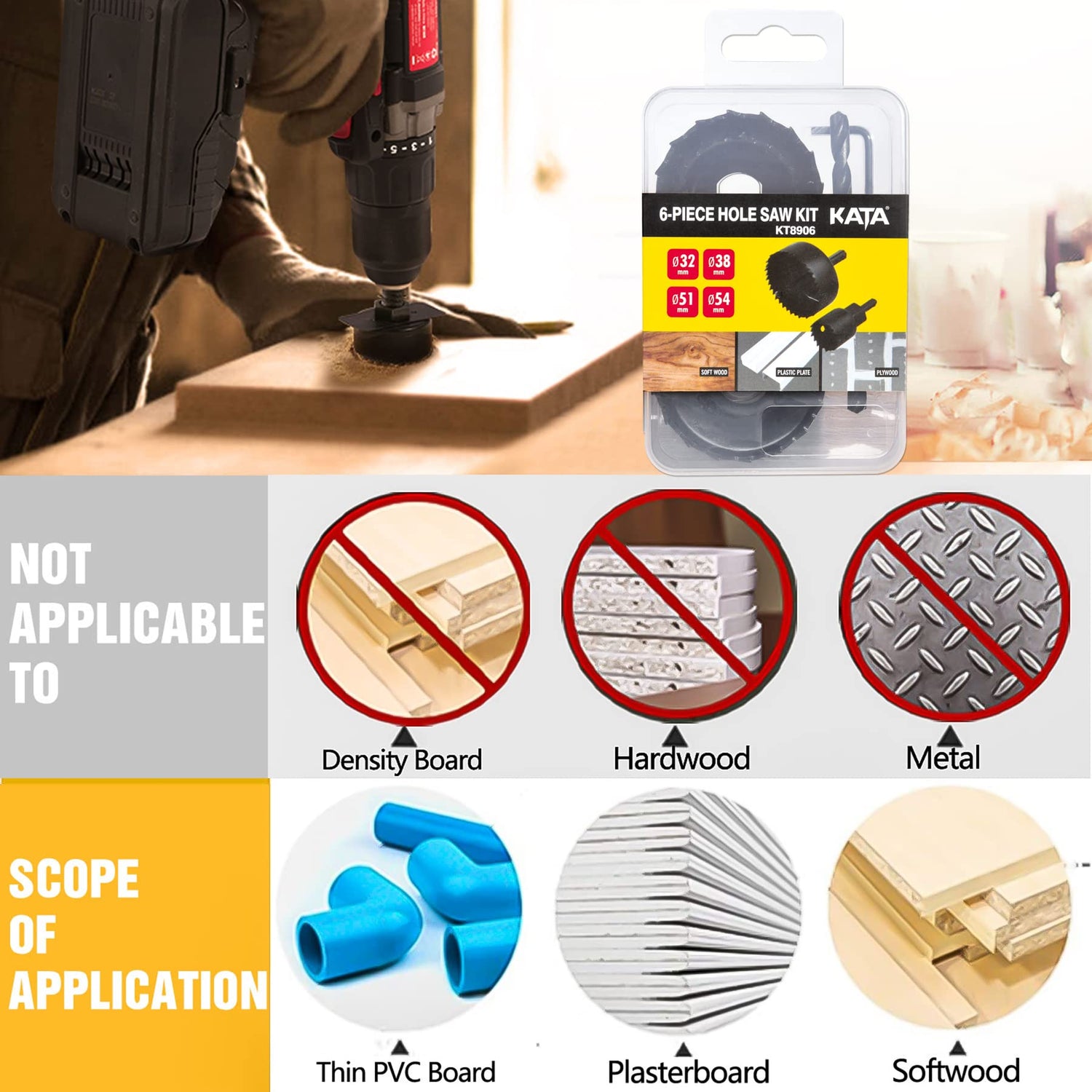 KATA 6PCS Hole Saw Kit 1-1/4" to 2-1/8"(32-54mm) Hole Saw Set in Case with Mandrels and Hex Key for Soft Wood, PVC Board, Plywood KATA