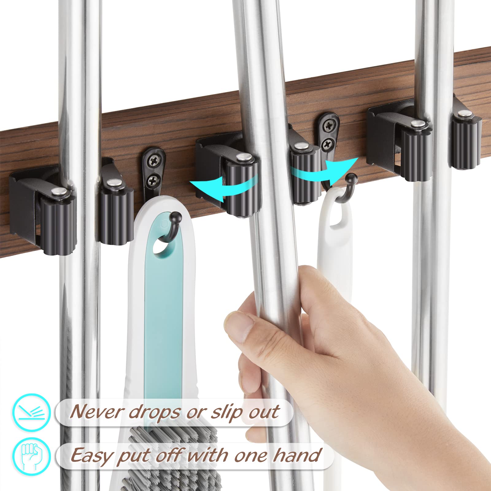 OUTNILI 2 Pack Mop Broom Holder Wall Mount - Rustic Wood Broom Mop Hanger - Wall Mounted Garden Tool Rack Organizer for Closet Garage Laundry Room - WoodArtSupply